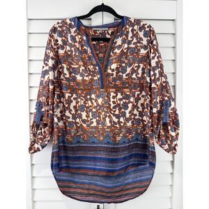Daniel Rainn Floral Split V-Neck Roll Tab Sleeve Blouse Orange Blue L Soft Top